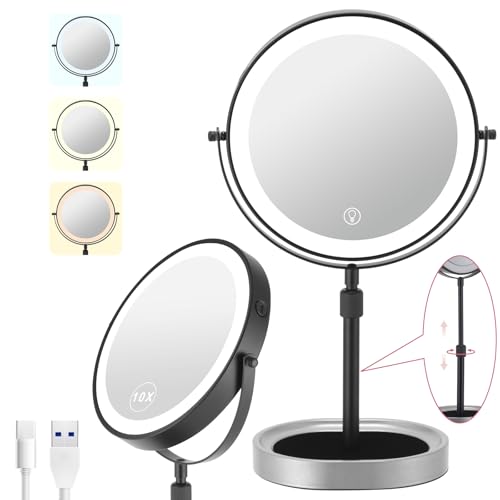 JOYOHMLTD Matte Black Rechargeable Lighted Makeup Mirror 8-inch Dual-Sided 1X/10X with Touch Control & Dimmable Lights