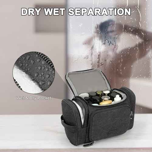 ZOMFELT Travel Toiletry Bag for Men, Canvas Toiletry Dopp Kit Organizer with Wet Pocket, Water-resistant Multiple Pockets Shaving Bag for Gym Essentials and Toiletries Accessories, Black