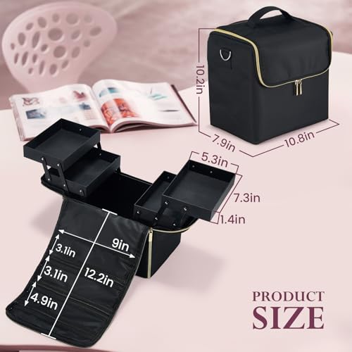 Large 4-Tier Makeup Train Case with Shoulder Strap & Luggage Sleeve