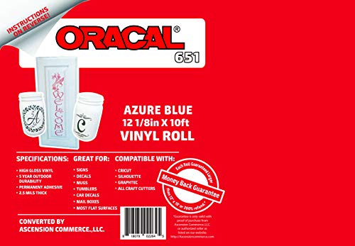 12.125" x 25ft Roll of Oracal 651 Ice Blue Craft Vinyl - On a 2.5" Core - Adhesive Vinyl for Cricut, Silhouette, and Cameo Cutters - Gloss Finish - Outdoor and Permanent