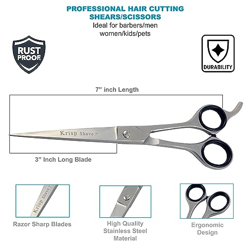 Professional Hair Cutting Scissors - Krisp Shave Japanese Stainless Steel Salon Barber Scissor (7 inch Inch) - Shears for Men's Beard Mustache Women Kids Pets Haircut All Purpose Shear, KSP-784