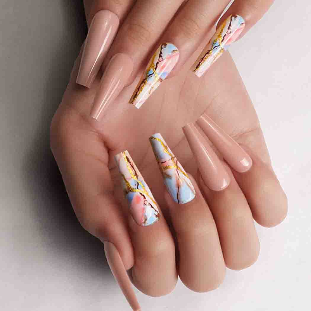 Outyua Marble Pattern Fake Nails Glossy Nude Coffin Extra Long Press on Nails with Designs Ballerina Acrylic False Nails Full Cover Nails 24pcs