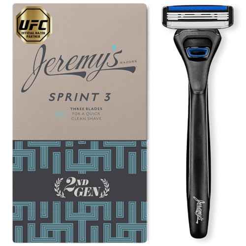 Jeremy's Razors for Men: Sprint 3 Blade Razor - Stainless Blades, Lubricating Strip, Precision Trimmer - Men's Shaving Essentials Kit, Travel Shaver Face Body Head Shavers (1 Razor 1 Cartridge)