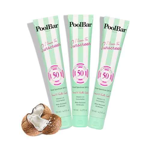 PoolBar SPF 50 Hydrating Mineral Body Sunscreen Cream for Women and Men Skin Care - Coconut Vanilla Scent Sun Care, Vegan and Water Resistant, Broad Spectrum Sunscreen, 130 ml (4.3 Fl. Oz) (Pack of 3)