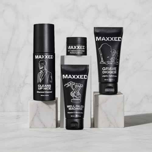 MAXXED Men's Skincare Set - Travel Skincare Set with Under Eye Cream, Charcoal Face Wash, Jojoba Face Scrub and Vitamin C Moisturizer - 4 in 1 Men's Skin Care Kit for Hydration and Pore Cleansing