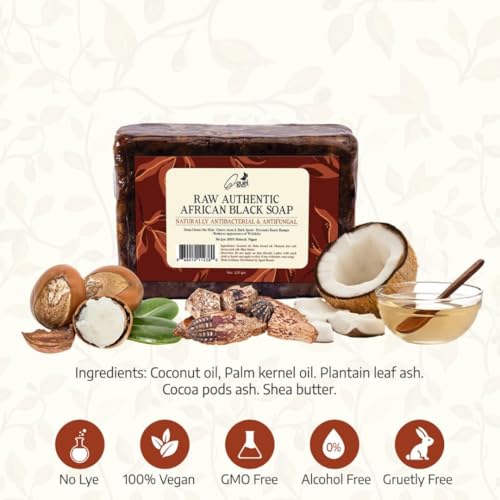 African Black Soap, 8oz, for Face and Body, with Shea Butter, Coconut Oil, Palm Kernel Oil, Cocoa Ash, Plantain Ash, Rich in Vitamin A & E