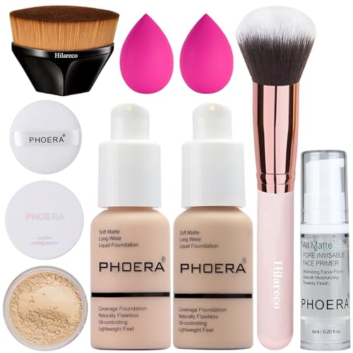 PHOERA Foundation, Full Coverage Foundation, PHOERA Primer, PHOERA Powder, PHOERA Makeup Set, Kabuki Makeup Brushes Foundation Brush Powder Brush,2 Pcs Makeup Sponge (101 Porcelain+102 Nude)