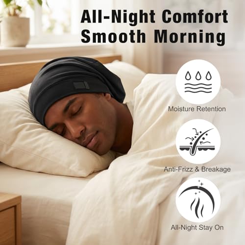 Srevela Black/Gray 2-Pack Satin Sleep Bonnet for Men & Women, Adjustable & Breathable Night Cap