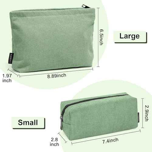 MAGEFY Makeup Bag 2 PCS Corduroy Make up Bag for Purse Travel Cosmetic Bag for Women Small Makeup Pouch Cute Makeup Brush Bag Preppy Stuff Travel Essentials - Green