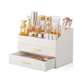 Lolalet Makeup Organizer for Vanity Desk, 3-Layer PU Leather Luxury Make Up Storage Cosmetics Holder Box with Drawers -Cream