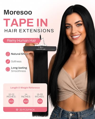 Moresoo Tape in Hair Extensions 18 Inch Remy Human Hair #1 Black 20pcs