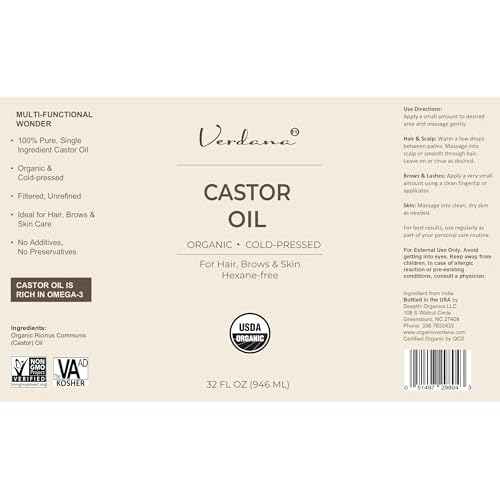 Verdana Organic Castor Oil, Cold Pressed & Hexane Free ? For Hair & Scalp Care, Eyelashes, Eyebrows & Skin Care ? USDA Certified, Pure & Natural ? 32 fl oz