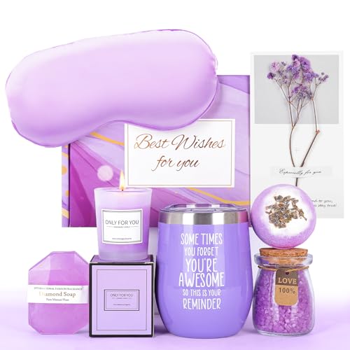 Luxury Purple Self Care Gift Box Set for Women with Bath Bombs, Scented Candles, Tumbler, Sleep Mask, Best Wishes Card, Birthday Spa Gift Package