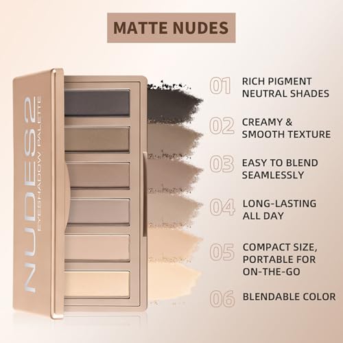 6 Matte Nude Eyeshadow Palette with Brush & Mirror
