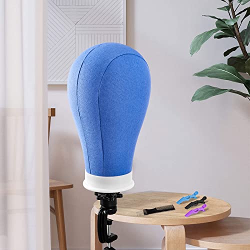 Yofuly 22'' Canvas Wig Head Set, Upgraded 63 Inch Tall Wig Stand Tripod with Mannequin Head, Canvas Block Head Wig Stand Set with Wig Caps, Table Clamp, Perfect for DIY Wig Making and Styling - Blue