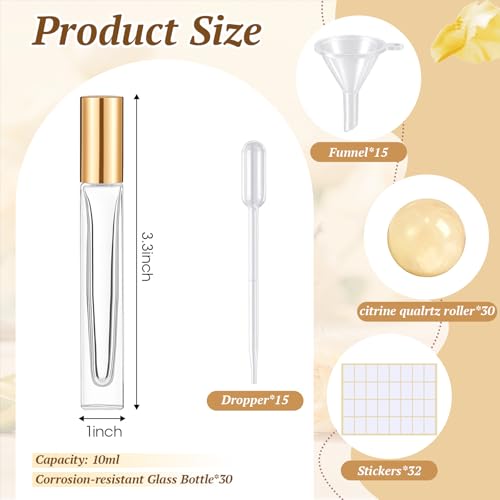 Citrine Crystal Roller Bottles 10ml - 30 Pack Essential Oil Refillable