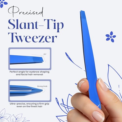 Professional Slant Tip Tweezers for Eyebrows ? Premium Stainless Steel, Ultra-Precise Hand-Aligned Tips, Facial Hair & Ingrown Hair Removal (Cosmic Blue)