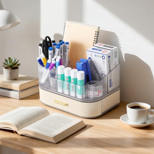 Delamu Makeup Organizer for Vanity with Stackable Drawers, 360 Rotating Makeup Brush Holder Large Cosmetic Display Case, Bathroom Skincare Storage, Elegant White, Ideal Christmas Gifts for Girls