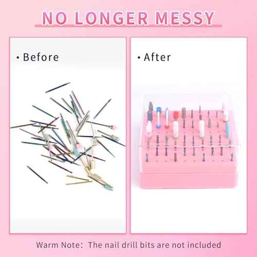 Nail Drill Bits Holder & Nail Drill Bits Cleaning Brush, 100 Holes Nail Bit Holder, Dustproof Nail Art Drill Bits Display Storage Box, Nail Drill Bit Holder for Nail Tech (Pink)