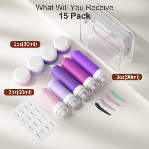 Quatish 15 Pack Travel Toiletry Bottles Set - Purple Leakproof TSA Approved Refillable Containers