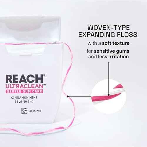 REACH ULTRACLEAN Gentle Gum Care Expanding Floss ? Woven, Non-Waxed, PFAS-Free with Vitamin E, for Sensitive Gums, Cinnamon Mint 55YD (3-Pack)