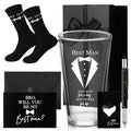 Qinyoung 7 Pcs Best Man Gifts Wedding Proposal Gift for Groomsman 16 oz Beer Glass Cup Bottle Cap Opener Socks Multi Tool Ballpoint Pen with Greeting Card Black Envelope Box(Best Man)