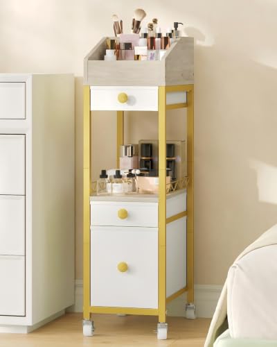 Rolling Makeup Organizer Cart with Drawers – 33in Metal & Fabric Storage