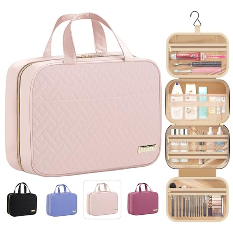 HOTOR Hanging Toiletry Bag - Waterproof Travel Makeup Organizer, Medium Pale Pink