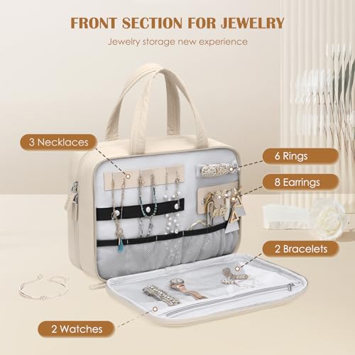 Travel Toiletry Bag with Jewelry Organizer,Hanging Toiletry Bag Carry-on Puffy Cosmetic Make up Bag Organizer for Travel Accessories,Essentials,Toiletries,Apricot