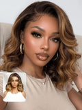 Ombre Brown Wavy Bob Wig 14 Inch with Blonde Face Framing Highlights Nadula 7x5 HD Lace Drawstring Human Hair — Pre-Plucked, Glueless, No Slip, Ready to Wear