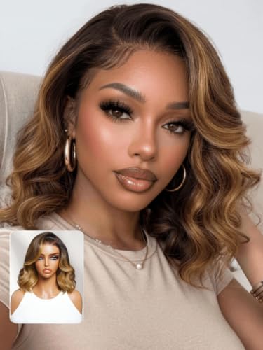 Ombre Brown Wavy Bob Wig 14 Inch with Blonde Face Framing Highlights Nadula 7x5 HD Lace Drawstring Human Hair — Pre-Plucked, Glueless, No Slip, Ready to Wear