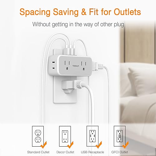 Surge Protector Outlet Extender, TESSAN Multi Plug Outlet Splitter with 4 Electrical Outlets 3 USB Blocks(2 USB C), Flat Multiple Wall Plug Expander for Bathroom Home Office Dorm Room Essentials