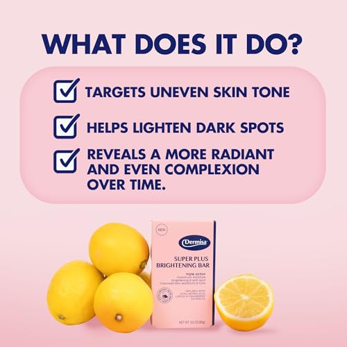 Dermisa Super Plus Brightening Bar Soap with Hyaluronic Acid, Lemon and Cranberry Extract, Maximum Moisture Soap for Even Skin Tone and Elasticity, 3.0 Oz