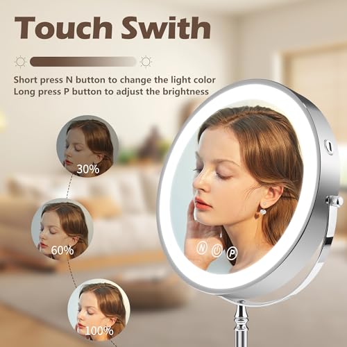 9" Large Lighted Makeup Mirror, 1X/10X Magnifying Makeup Mirror with 3 Colors Dimmable Lightning, 80 LED Lights, 360¡ÆRotation Double Sided Standing Vanity Mirror
