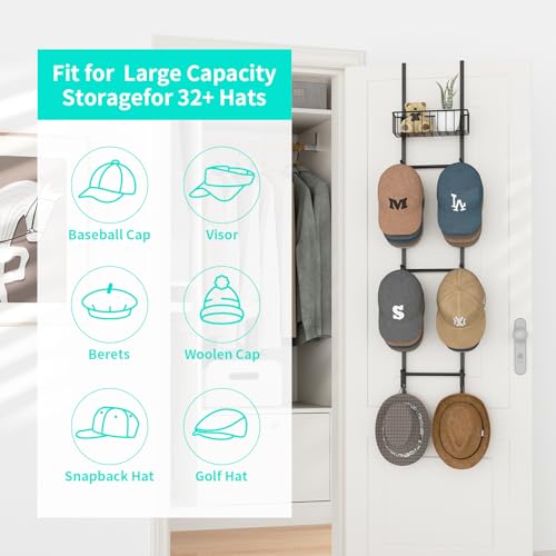Over Door Hat Rack with 6 Hooks & Basket - Holds 32+ Caps