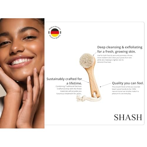 SHASH Since 1869 Hand Made in Germany - Sustainable Exfoliating Face Brush, Scrub Cleansing Brush, Exfoliates Skin to Help Reduce Flaking, Supports Glowing Complexion (Medium Horse Hair Bristle)