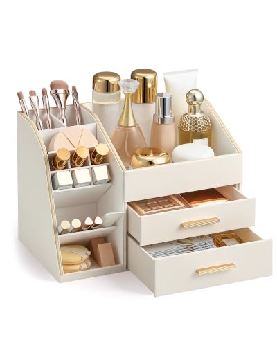 Lolalet PU Leather Makeup Organizer with Drawers - 3-Layer Cosmetic Holder for Vanity
