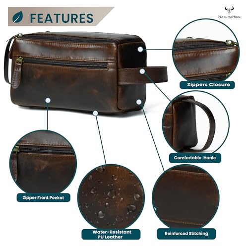 Leather Toiletry Bag for Men ? Handmade Travel Kit, Small Leather Shaving & Toiletry Organizer, Durable Waxed Canvas Lining (Dark Brown)