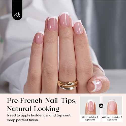 Beetles French Tip Press On Nails: 150 Pcs Pink Short Square Press On Nails 4 in 1 Nail Tips, Pre-Applied Primer & Base Coat, No File Need DIY Manicure for Fake Nails Extension Gifts for Women