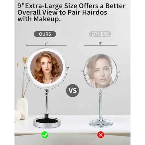 9" Lighted Makeup Mirror,1X/10X Magnifying Vanity Mirror with Height & Brightness Adjustable,Rechargable Makeup Mirror,360¡ÆRotation Double Sided Standing Desk Mirror (Polish Chrome)