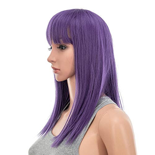 SWACC Short Straight Wig 14 Inch with Blunt Bangs and Purple Shade for Women