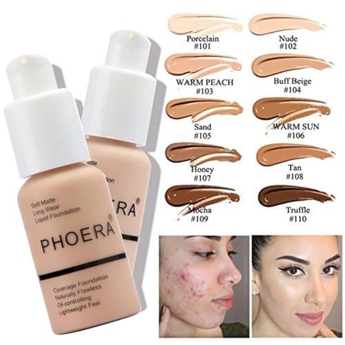 PHOERA Foundation, PHOERA Matte Liquid Foundation,PHOERA Makeup for Women, PHOERA Foundation Full Coverage Concealer, 30ml 24HR Matte Oil Control Concealer (102- Nude*2)