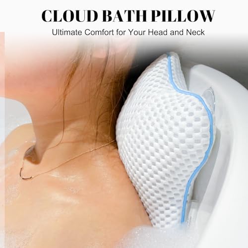 Non Slip Bath Pillow, Luxury Spa Bathtub Head & Neck Rest Support, Permeable Quick Drying Air Mesh Tub Pillow with 4 Large Suction Cups, Fits Any Tubs, Soft and Relaxing (White)