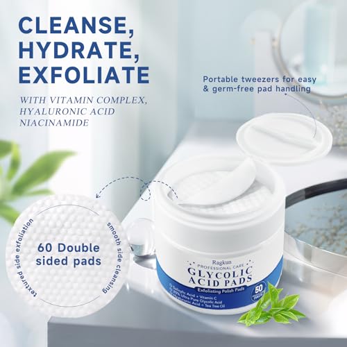 Glycolic Acid Pads, Exfoliating Resurfacing Pads for Face with Salicylic Acid Pad with Tea Tree Oil, Exfoliating Face Peel & Radiance Deep Cleaning Effect, 60 Count