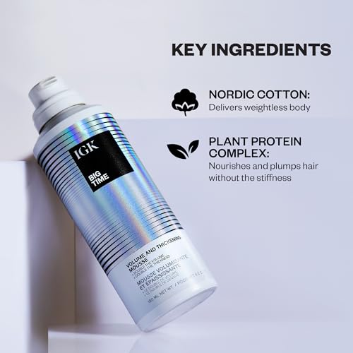 IGK BIG TIME Volume & Thickening Mousse | Moveable + Fullness + Frizz Control | Vegan-+ Cruelty Free-| 6.2 Oz,(Pack of 2)