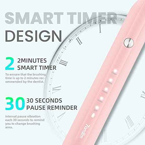 7AM2M Ultrasonic Electric Toothbrush for Adults and Kids, 40000 VPM High-Powered with 4 Brush Heads & 5 Modes, One Charge for 90 Days, 2 Minutes Built-in Smart Timer, Rechargeable Toothbrushes, Pink