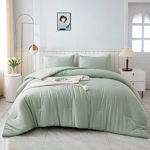 Litanika Queen Comforter Set Sage Green, 3 Pieces Lightweight Solid Bedding Comforters Sets, Double Down Alternative Comforter Bed Set (90x90In Comforter & 2 Pillowcases)