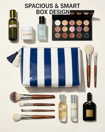 Navy Blue Striped Waterproof Cosmetic Bag | Beach Travel Pouch