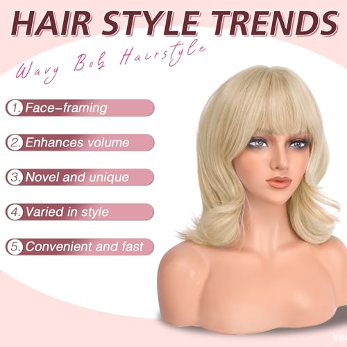 Haloo 14-Inch Blonde Bob Wig with Bangs - Wavy Synthetic Hair