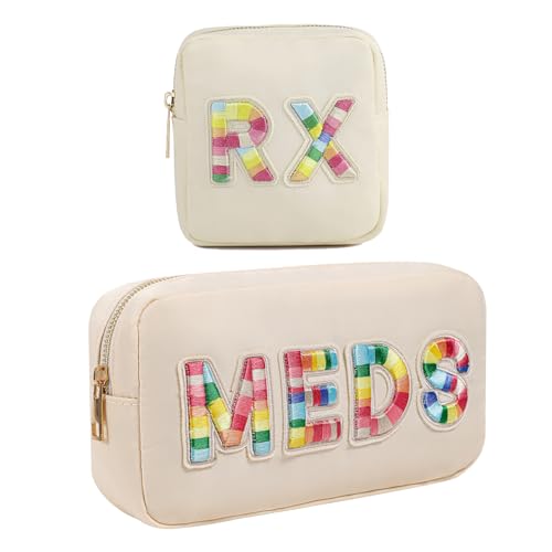 2Pcs Chenille Letter Patch Nylon Medicine Makeup Bag Set,Cute MEDS Travel Makeup Bag with Metal Zipper, First Aid Purse Organizer Cosmetic Bag for Women and Girls(MEDS and RX)